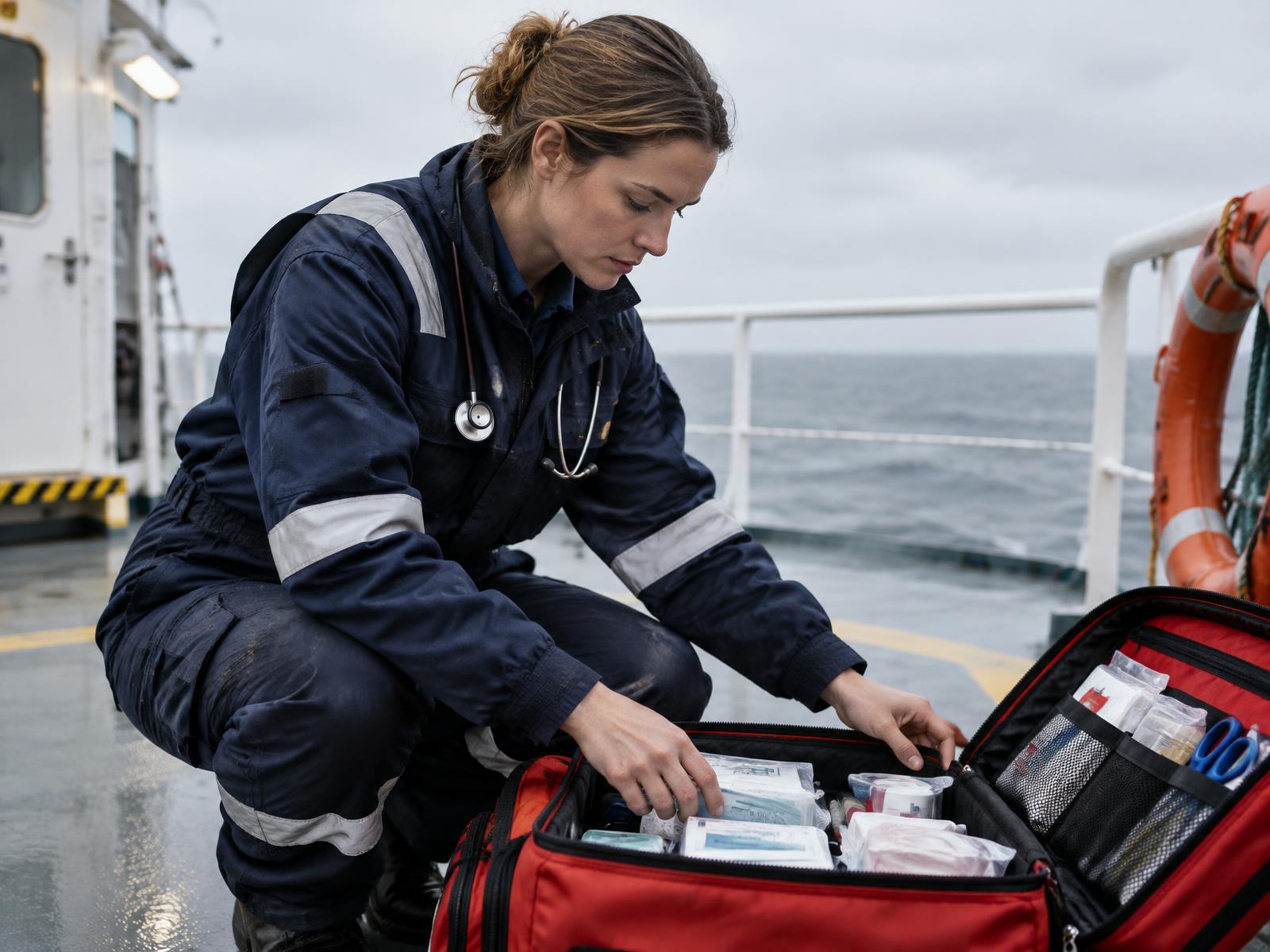 Medical practitioner checking equipment on a vessel's deck