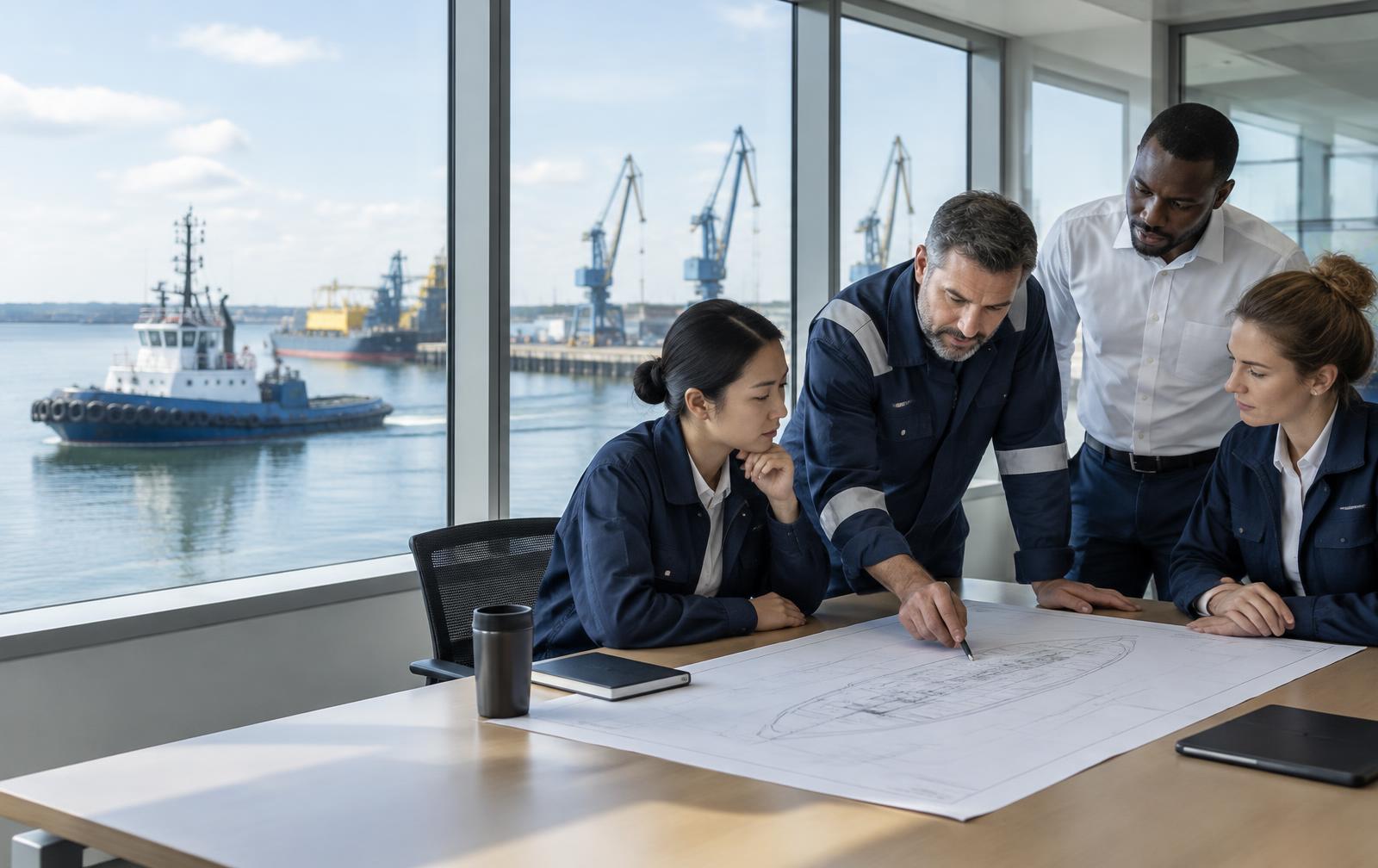 Maritime specialists reviewing plans together overlooking a working harbour